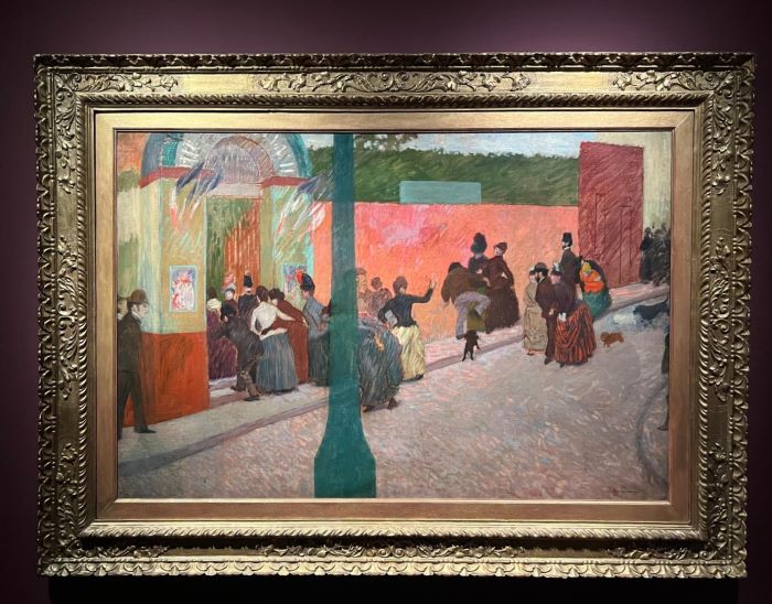 Un olio su tela del 1878 di federico Zandomenico che ritrae un'istantanea: un secondo mentre persone festose si affollano davanti all'entrata del Moulin de la galette a Parigi