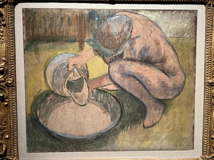 Disegno di Zandomeneghi. Un nudo femminile all'atto di riempire la tinozza per fare un bagno