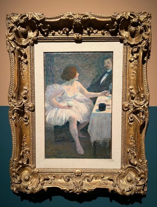 Olio su tela di Federico Zandomeneghi. Un momento rilassato nel camerino con una ballerina vestita con un bianco tutù e un suo interlocutore